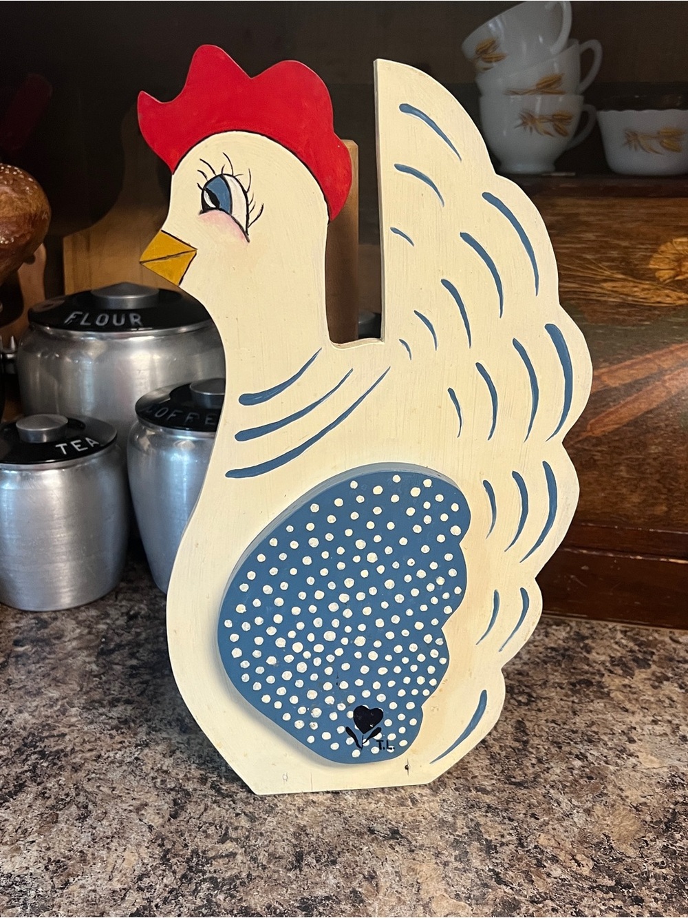 Vintage Hand-Painted Cream and Blue Wooden Hen paper towel holder
